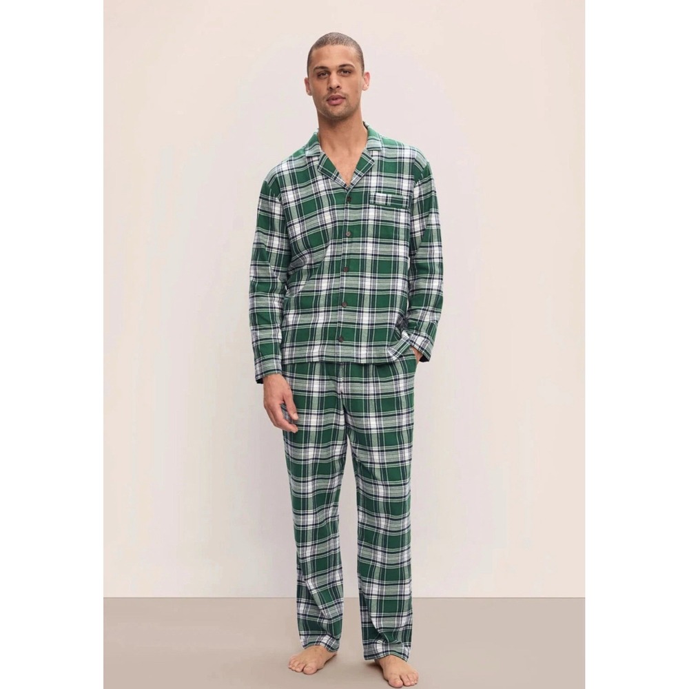 Eberjey Men's Flannel Long Sleeve PJ Set 100% Cotton Pajama Size XL Green Plaid